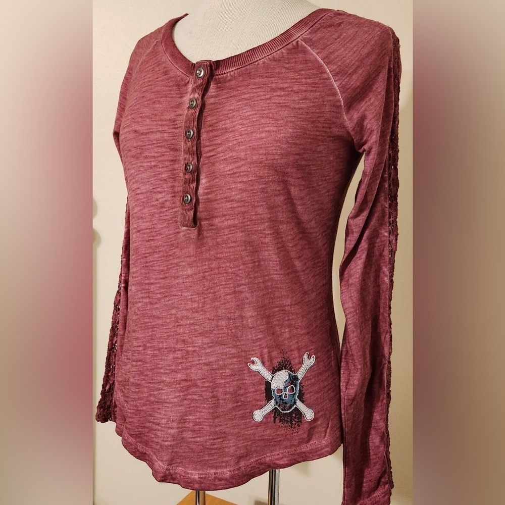 Harley Davidson Ladies Embroidered Skull & Wings Jolly Roger Dusty Rose & Teal